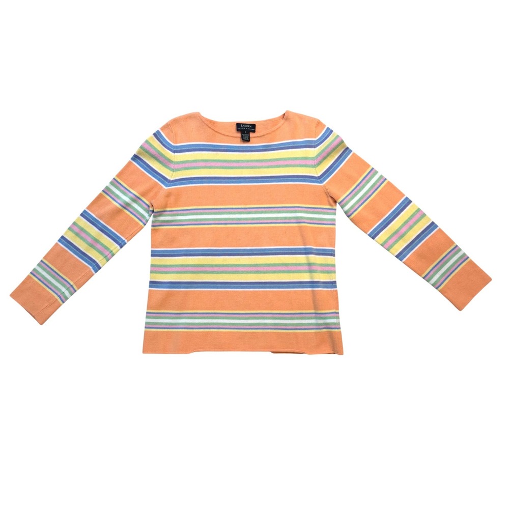 Vtg 90s Lauren Ralph Lauren Pastel Striped Sweater L 100% Cotton Made Hong Kong